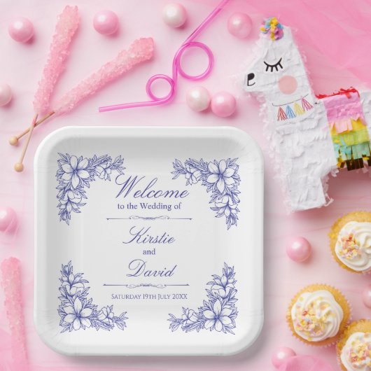Blauw  Bloemen Trouwpapier Borden Papieren Bordje (Feest)