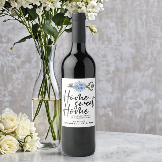 Blauw Bloemen Waterverf Sleutel Realtor Sluitingsg Wijn Etiket