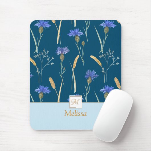 Blauw Bloemen Wildbloem Monogram Muismat (Met muis)