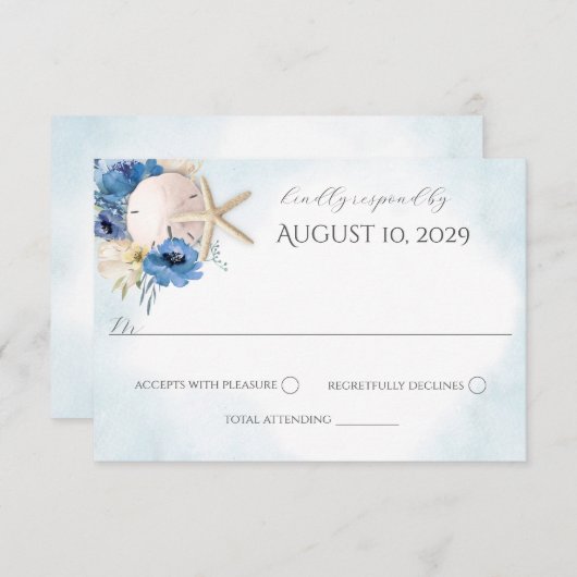 Blauw Bloemen Zand Dollar Strand Bruiloft Uitnodig Kaart (Voorkant / Achterkant)