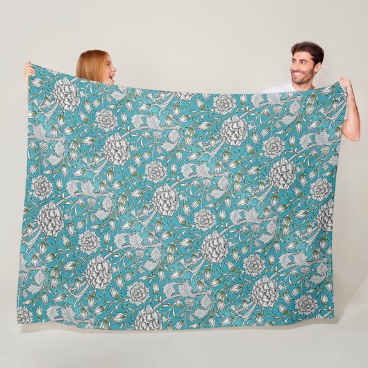  Blauw Bloemen Zilver Bladbloemen Fleece Deken (In situ)