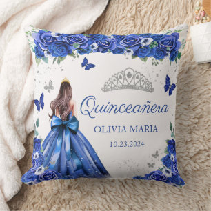Blauw Bloemen Zilver Prinses Tiara Quinceanera Kussen