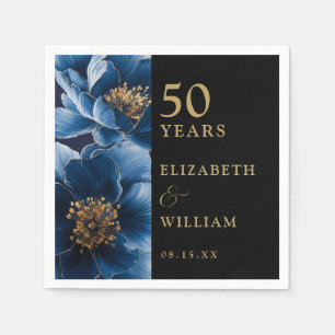 Blauw Bloemen Zwart en Goud Modern 50e Jubileum Servet