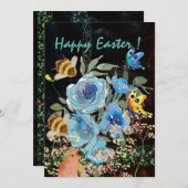 Blauw Bloemen Zwart Pasen met Vogels Feestdagenkaart (Voorkant / Achterkant)