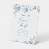 Blauw bloemenbehang trouwfoto guestbook bord reclamebord met voetstuk (Voorkant)