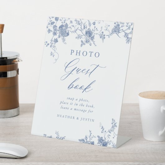 Blauw bloemenbehang trouwfoto guestbook bord reclamebord met voetstuk (Insitu)