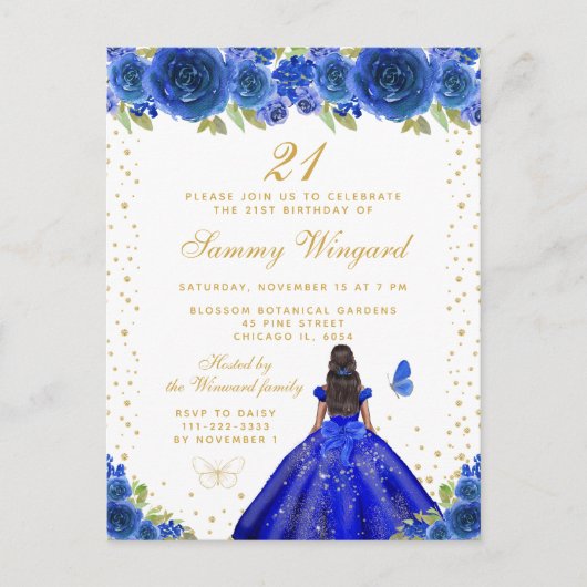 Blauw bloemend meisje met donkere huid prinses ver briefkaart (Voorkant)