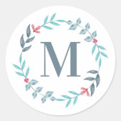 Blauw Bloemend Monogram Ronde Sticker (Voorkant)