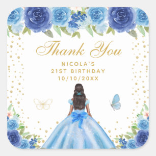 Blauw bloemendek donkere huid prinses verjaardagsf vierkante sticker