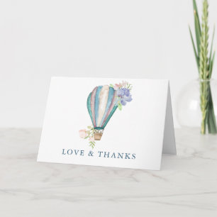Blauw bloemendesign hete luchtballon baby shower b bedankkaart