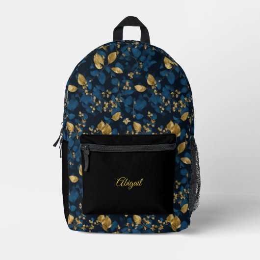 Blauw bloemengoud bladeren bagpack bedrukte rugzak (Voorkant)