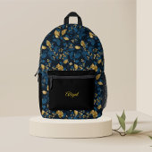 Blauw bloemengoud bladeren bagpack bedrukte rugzak