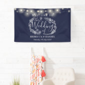 Blauw Bloemenguirlande Script Bruiloft Spandoek (Insitu)