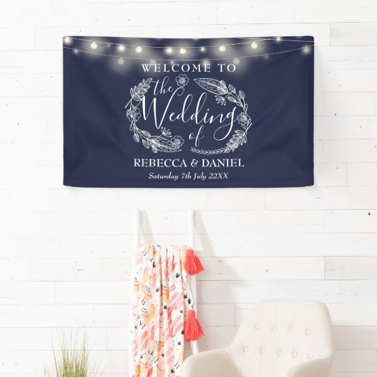 Blauw Bloemenguirlande Script Bruiloft Spandoek (Insitu)