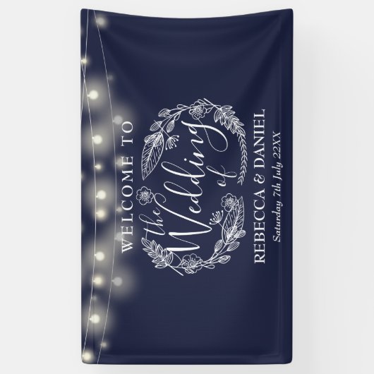 Blauw Bloemenguirlande Script Bruiloft Spandoek (Verticaal)
