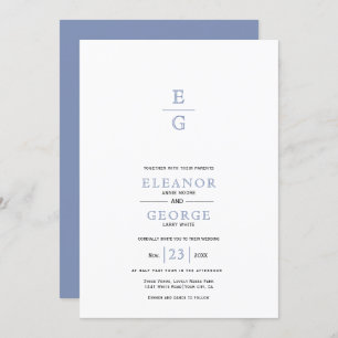 Blauw  bloemenkam initialen bruiloft kaart