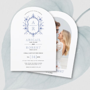 Blauw  bloemenkam monogram bruiloft kaart