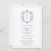 Blauw  bloemenkam monogram QR code bruiloft Kaart (Voorkant)