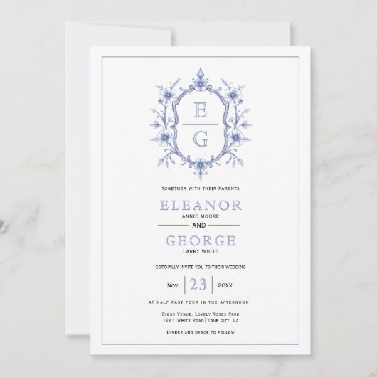 Blauw bloemenkam monogram QR code bruiloft Kaart (Voorkant)