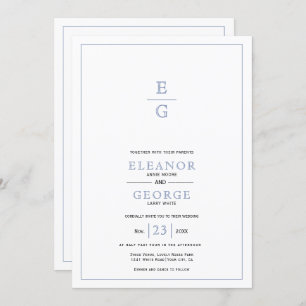 Blauw bloemenkam monogram QR code bruiloft Kaart