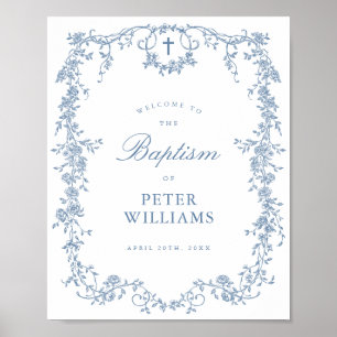 Blauw  Bloemenkruis Doop Welkom Poster