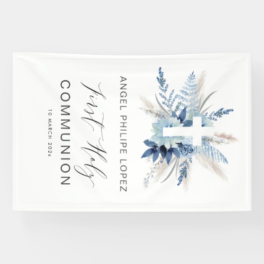 Blauw Bloemenkruis Eerste Communie Spandoek (Horizontaal)
