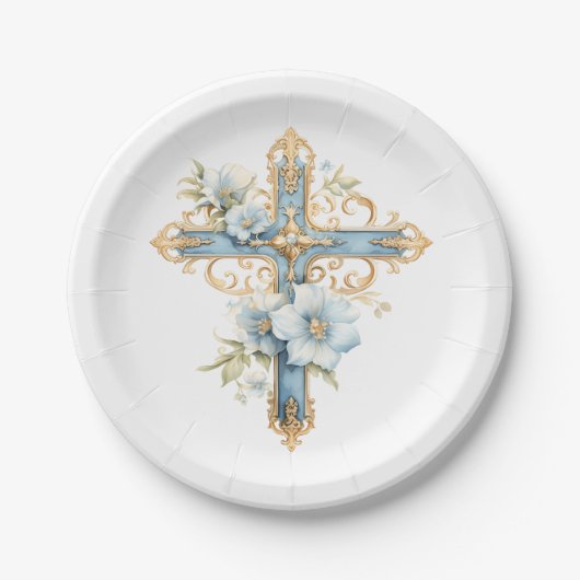 Blauw Bloemenkruis Eerste Heilige Communie Papieren Bordje (Voorkant)