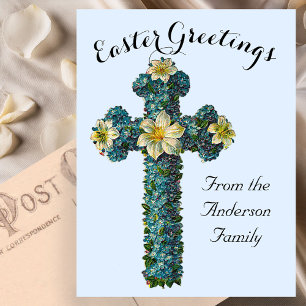 Blauw Bloemenkruis  Paasreligieus Briefkaart