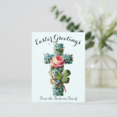 Blauw Bloemenkruis Paasreligieus Briefkaart (Staand voorkant)