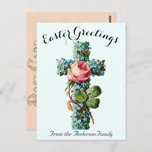 Blauw Bloemenkruis Paasreligieus Briefkaart (Voorkant / Achterkant)