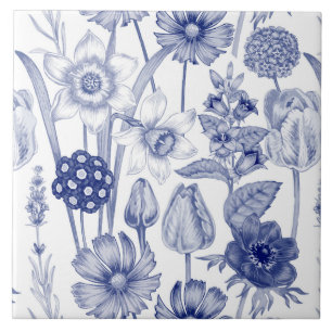 Blauw bloementegelpatroon tegeltje