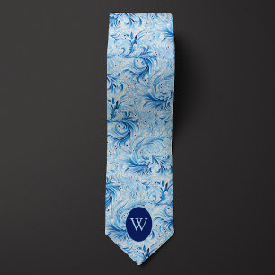 Blauw bloemgeïnspireerd monogram stropdas