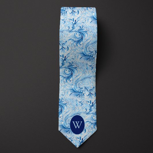 Blauw bloemgeïnspireerd monogram stropdas