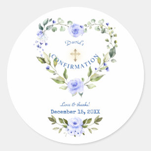 Blauw bloemhart gouden kruis jongensbevestiging ronde sticker