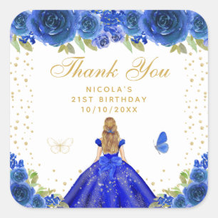 Blauw Bloemig Blond Haar Prinses Verjaardagsfeestj Vierkante Sticker