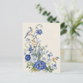 Blauw bloemig en vogeltje Briefkaart (Staand voorkant)