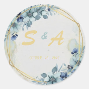 Blauw Bloemig Gouden Elegant Trouwgeschenk Ronde Sticker