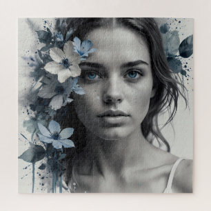 Blauw bloemig portret van een vrouw legpuzzel