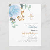 Blauw bloemig roos groen gouden cross boy doop uitnodiging briefkaart (Voorkant)