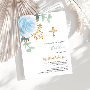 Blauw bloemig roos groen gouden cross boy doop uitnodiging briefkaart