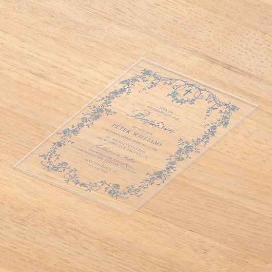 Blauw Bloemjongen doop doop doop Acryl Uitnodigingen (Laagn)