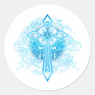 Blauw Bloemkruis Ronde Sticker