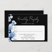Blauw bloemmonogram zwart-wit bruiloft RSVP kaartje (Voorkant / Achterkant)