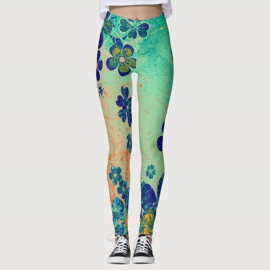Blauw Bloemmotief #2 Leggings (Voorkant)