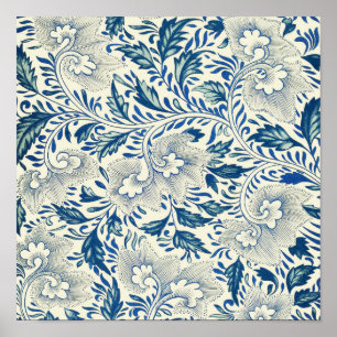 Blauw Bloemmotief Antiek Aziatisch Ontwerp Poster