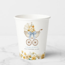 Blauw bloemmotief baby shower bekertje in vintage  papieren bekers