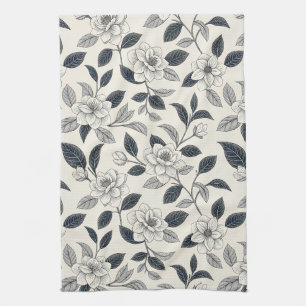 Blauw bloemmotief botanisch patroon (2) theedoek