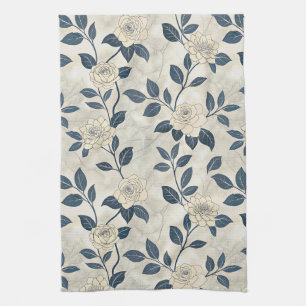 Blauw bloemmotief botanisch vintage patroon (3) theedoek
