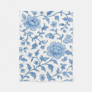 Blauw Bloemmotief Chinoiserie Pioen Patroon Fleece Deken