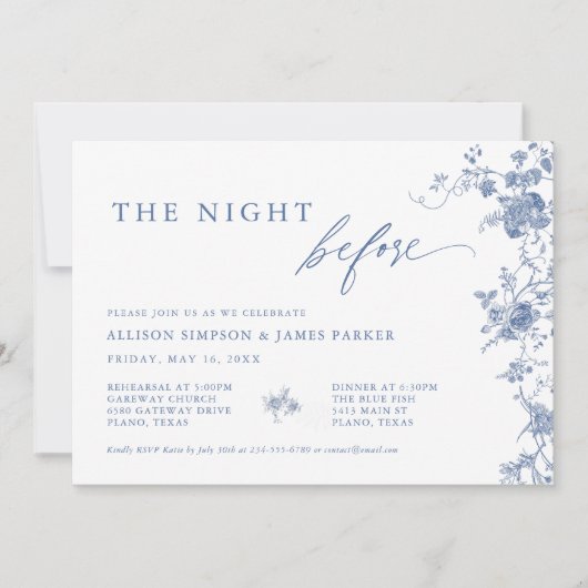 Blauw Bloemmotief De Avond Voor De Proefavond Dine Kaart (Voorkant)
